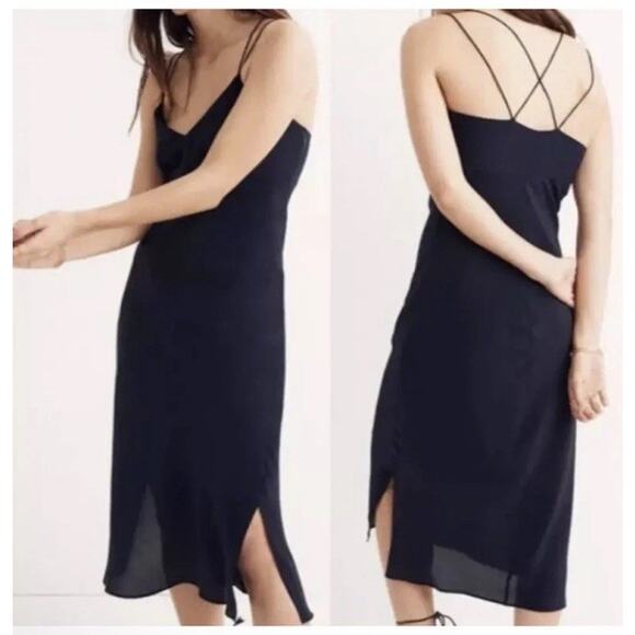 Madewell Silk Cami Slip Midi Dress Navy Open Back Sz 00 Party Cocktail Minimalis - Picture 1 of 8